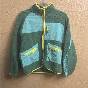 Green and Blue Fleece Jacket with Yellow Accents